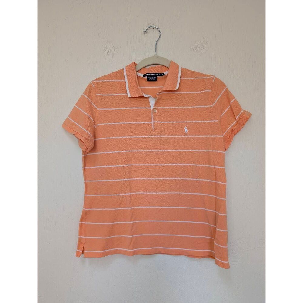 Ralph Lauren Golf Womens Striped Short Sleeve Polo Shirt Peach White Size Large